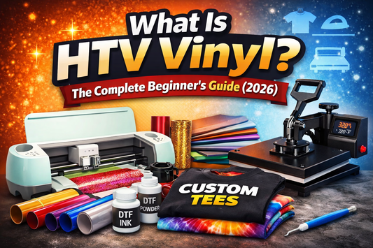 what is htv vinyl guide showing heat press, cutting machine, and heat transfer vinyl for custom t-shirts