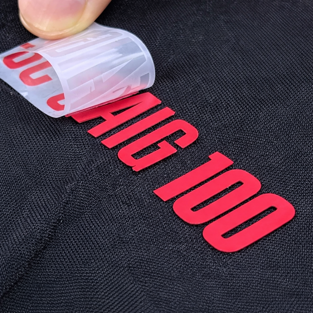 Silicone heat transfer vinyl 200 microns applied on athletic apparel showing durable flexible 3D textured logo